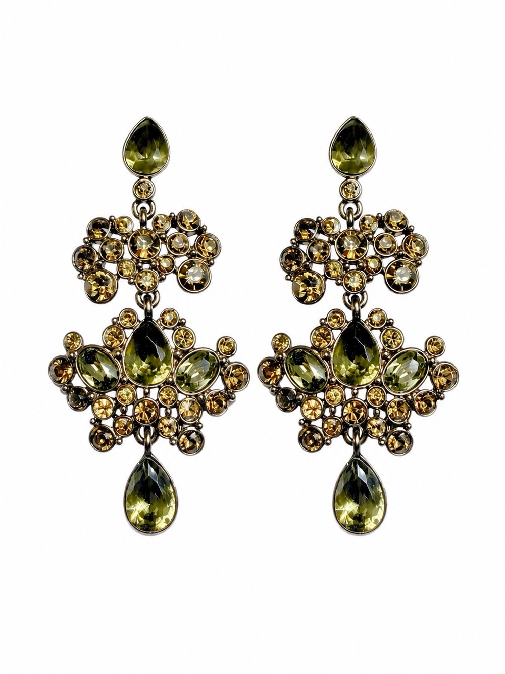 Givenchy Olive Green Teardrop Crystal Cluster Statement Earrings